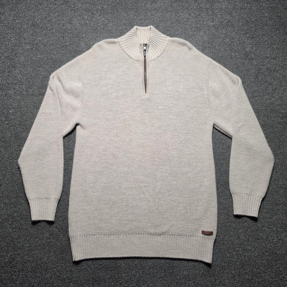 Country Road 1/4 Zip Sweater Beige Mens Medium Wool Mock Neck Knit Outdoors Hike